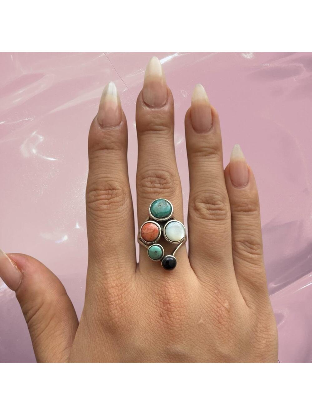 Vintage boho 925 Sterling silver turquoise carnelian mother of pearl onyx ring 9